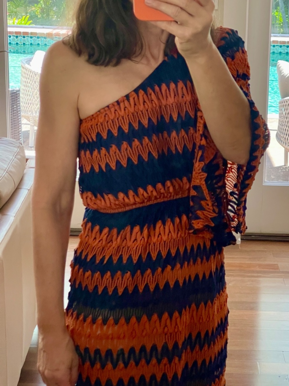 Judith March one shoulder Navy & Orange Crochet Dress S